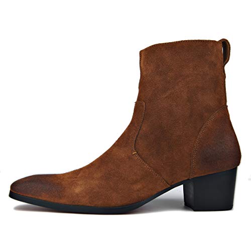 OSSTONE Men Chelsea Ankle Boots Leather Heeled Boots With Side Zipper Cuban Heel Dress Boots Disco Shoes OS-JY002 SUEDE