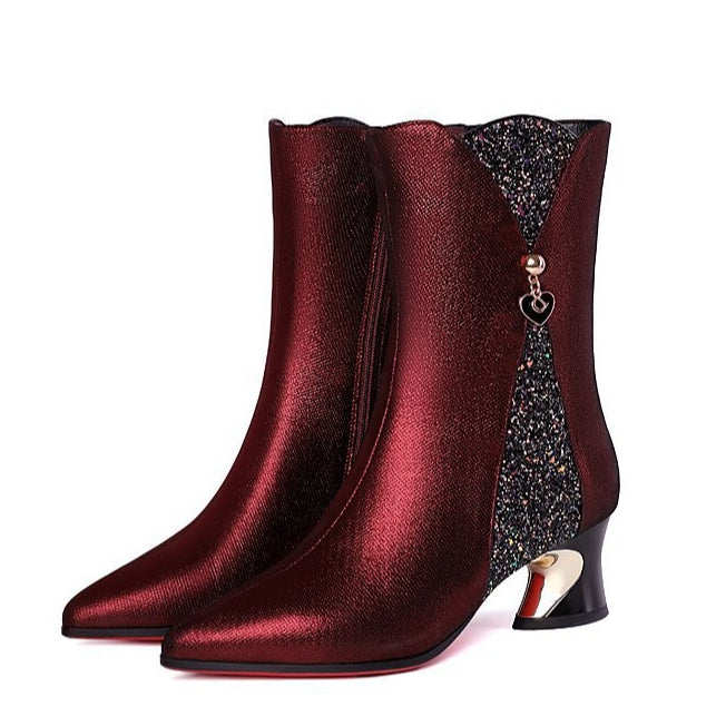 Leather Coarse Heel Pointed Short Boots Women's Middle Heel Burgundy Splicing Soft Leather Women's Boots Large Size Women's Shoes