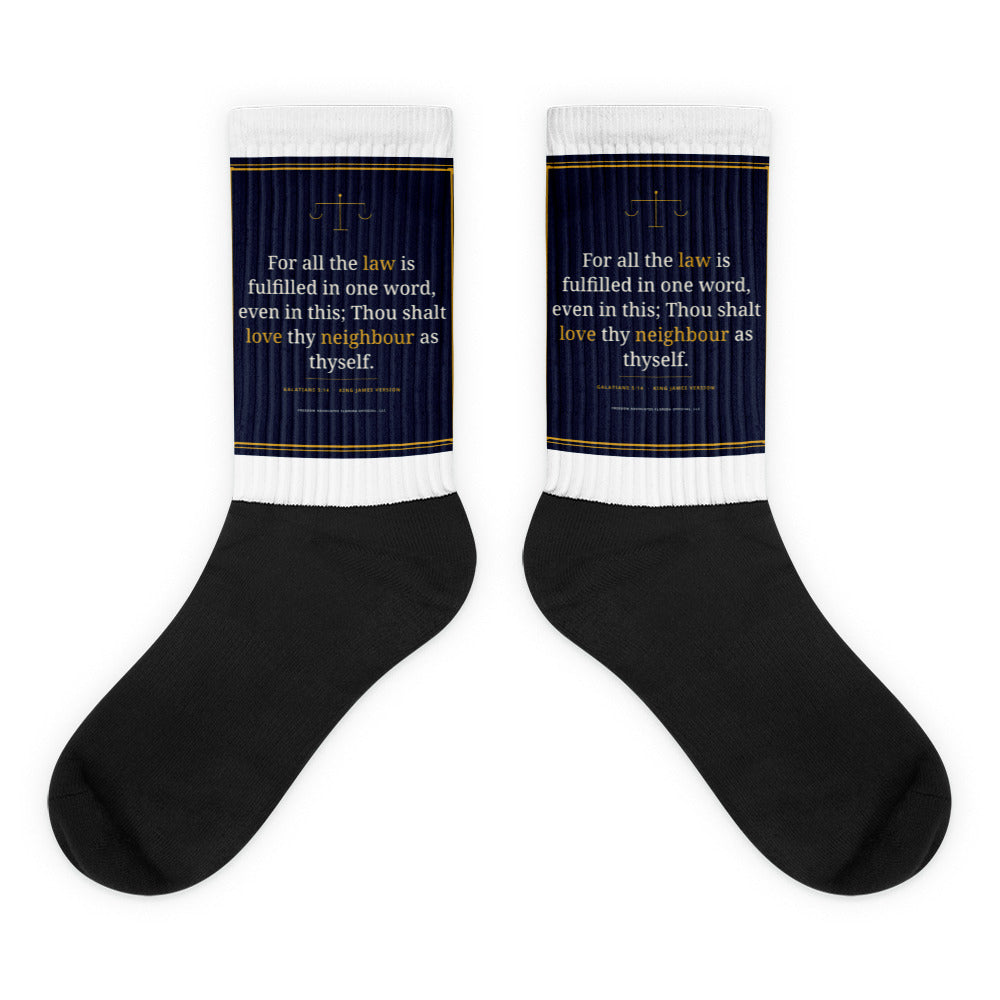 Galatians 5:14 printed on sublimated crew socks - Freedom Advocates Florida Official, LLC