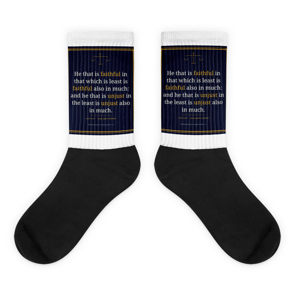 Luke 16:10 printed on sublimated crew socks - Freedom Advocates Florida Official, LLC
