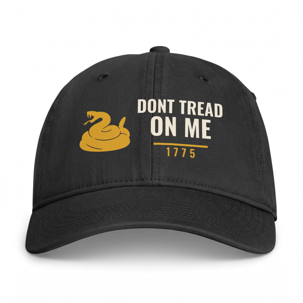 Don't Tread On Me 1775 on a Black Closed-Back Washed Cap - coastal washed closed-back cap, direct-to-film print - Freedom Advocates Florida Official, LLC