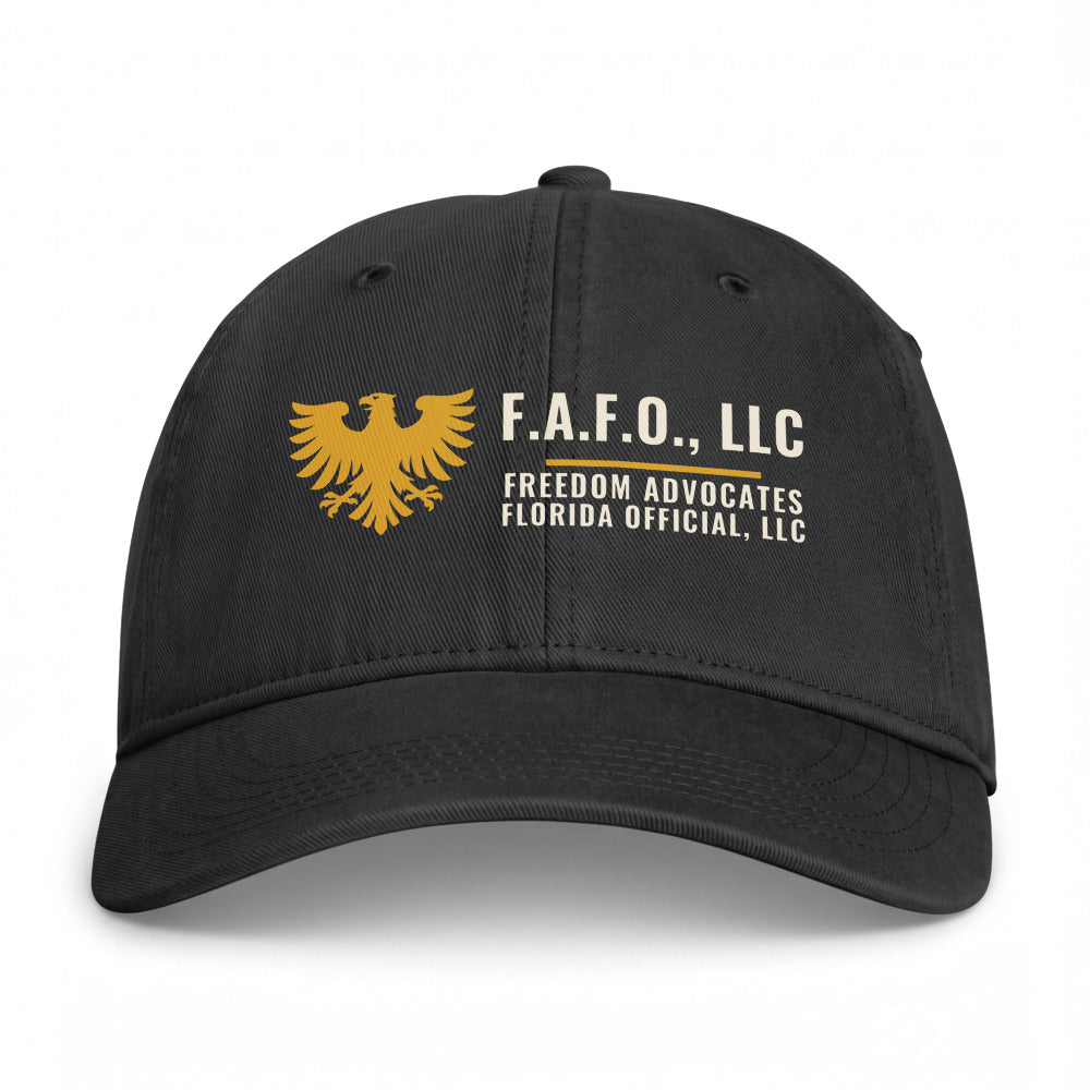 F.A.F.O. Crest on a Black Closed-Back Washed Cap - coastal washed closed-back cap, direct-to-film print - Freedom Advocates Florida Official, LLC
