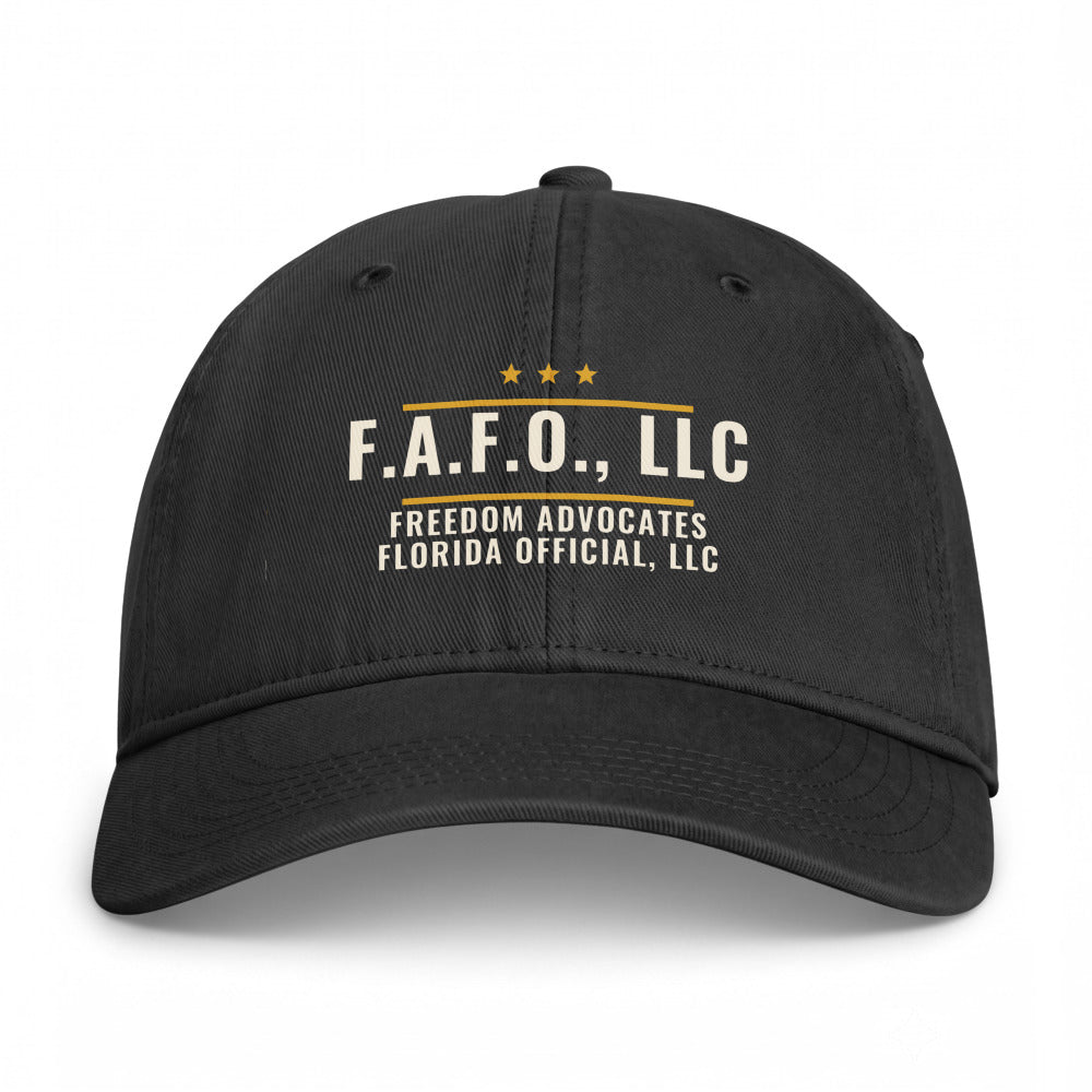 F.A.F.O. Badge on a Black Closed-Back Washed Cap - coastal washed closed-back cap, direct-to-film print - Freedom Advocates Florida Official, LLC