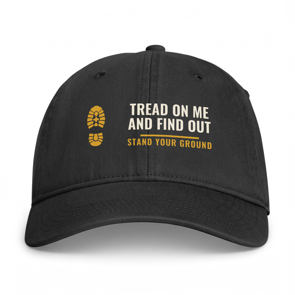 Tread On Me And Find Out on a Black Closed-Back Washed Cap - coastal washed closed-back cap, direct-to-film print - Freedom Advocates Florida Official, LLC