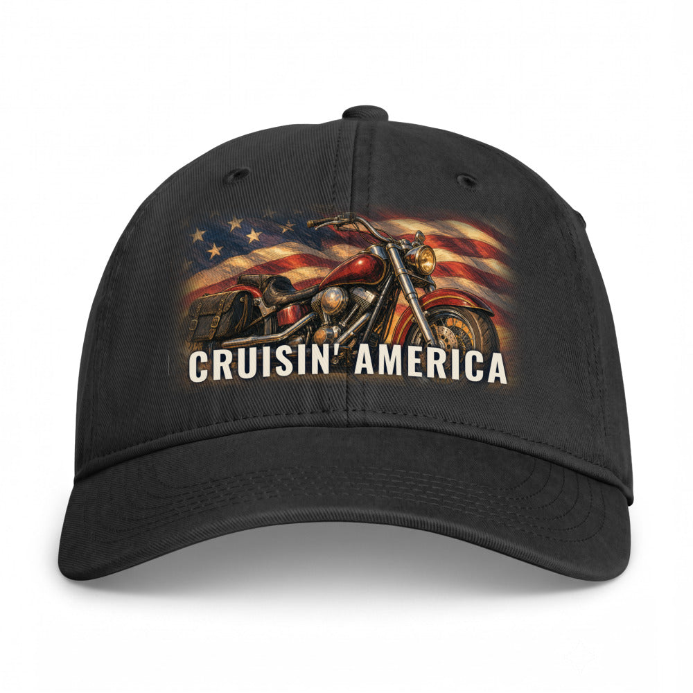 Cruisin' America on a Black Closed-Back Washed Cap - coastal washed closed-back cap, direct-to-film print - Freedom Advocates Florida Official, LLC