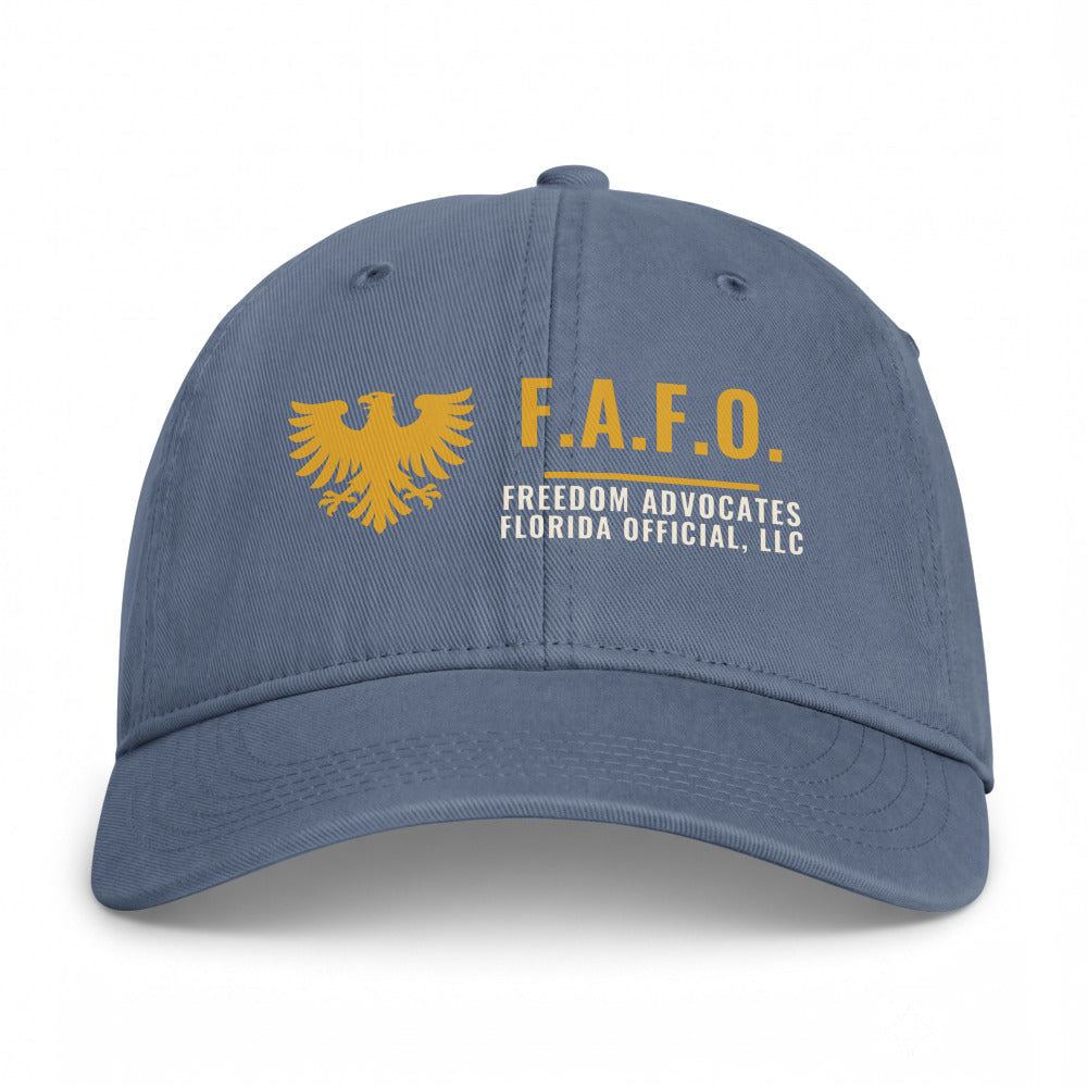 F.A.F.O. Crest printed on a Blue Jean washed cotton cap - Freedom Advocates Florida Official, LLC