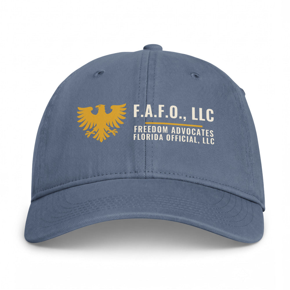 F.A.F.O. Crest on a Blue Jean Closed-Back Washed Cap - coastal washed closed-back cap, direct-to-film print - Freedom Advocates Florida Official, LLC