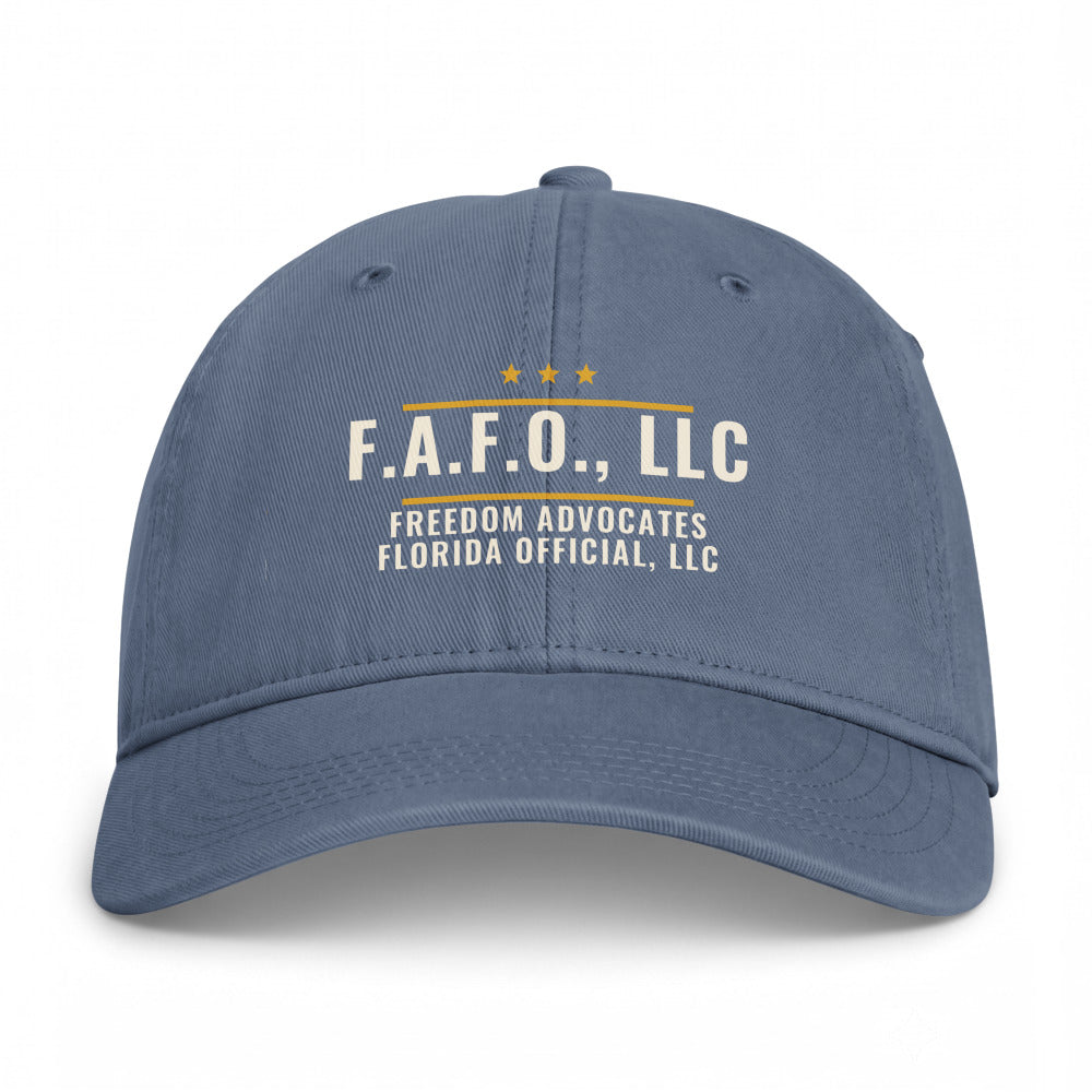 F.A.F.O. Badge on a Blue Jean Closed-Back Washed Cap - coastal washed closed-back cap, direct-to-film print - Freedom Advocates Florida Official, LLC
