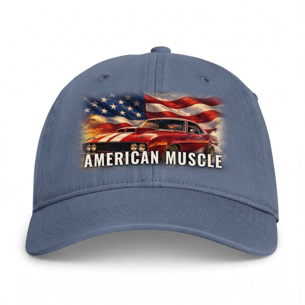 American Muscle on a Blue Jean Closed-Back Washed Cap - coastal washed closed-back cap, direct-to-film print - Freedom Advocates Florida Official, LLC