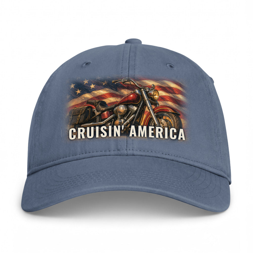 Cruisin' America on a Blue Jean Closed-Back Washed Cap - coastal washed closed-back cap, direct-to-film print - Freedom Advocates Florida Official, LLC