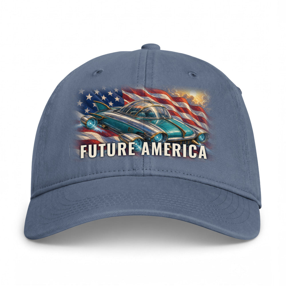 Future America on a Blue Jean Closed-Back Washed Cap - coastal washed closed-back cap, direct-to-film print - Freedom Advocates Florida Official, LLC