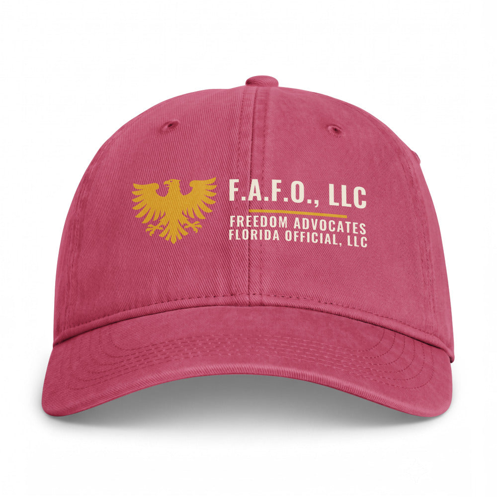 F.A.F.O. Crest on a Crimson Closed-Back Washed Cap - coastal washed closed-back cap, direct-to-film print - Freedom Advocates Florida Official, LLC