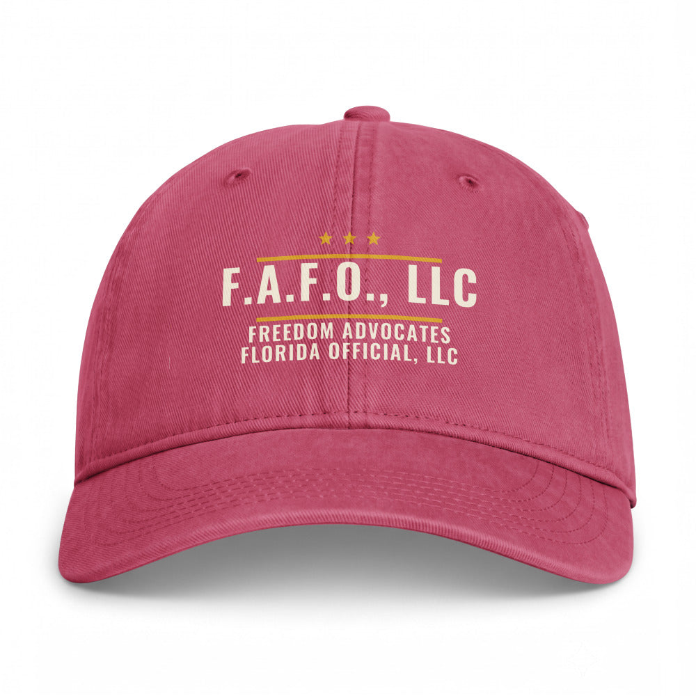 F.A.F.O. Badge on a Crimson Closed-Back Washed Cap - coastal washed closed-back cap, direct-to-film print - Freedom Advocates Florida Official, LLC