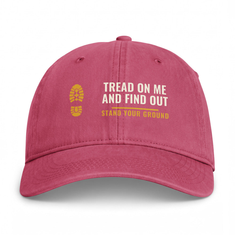 Tread On Me And Find Out on a Crimson Closed-Back Washed Cap - coastal washed closed-back cap, direct-to-film print - Freedom Advocates Florida Official, LLC