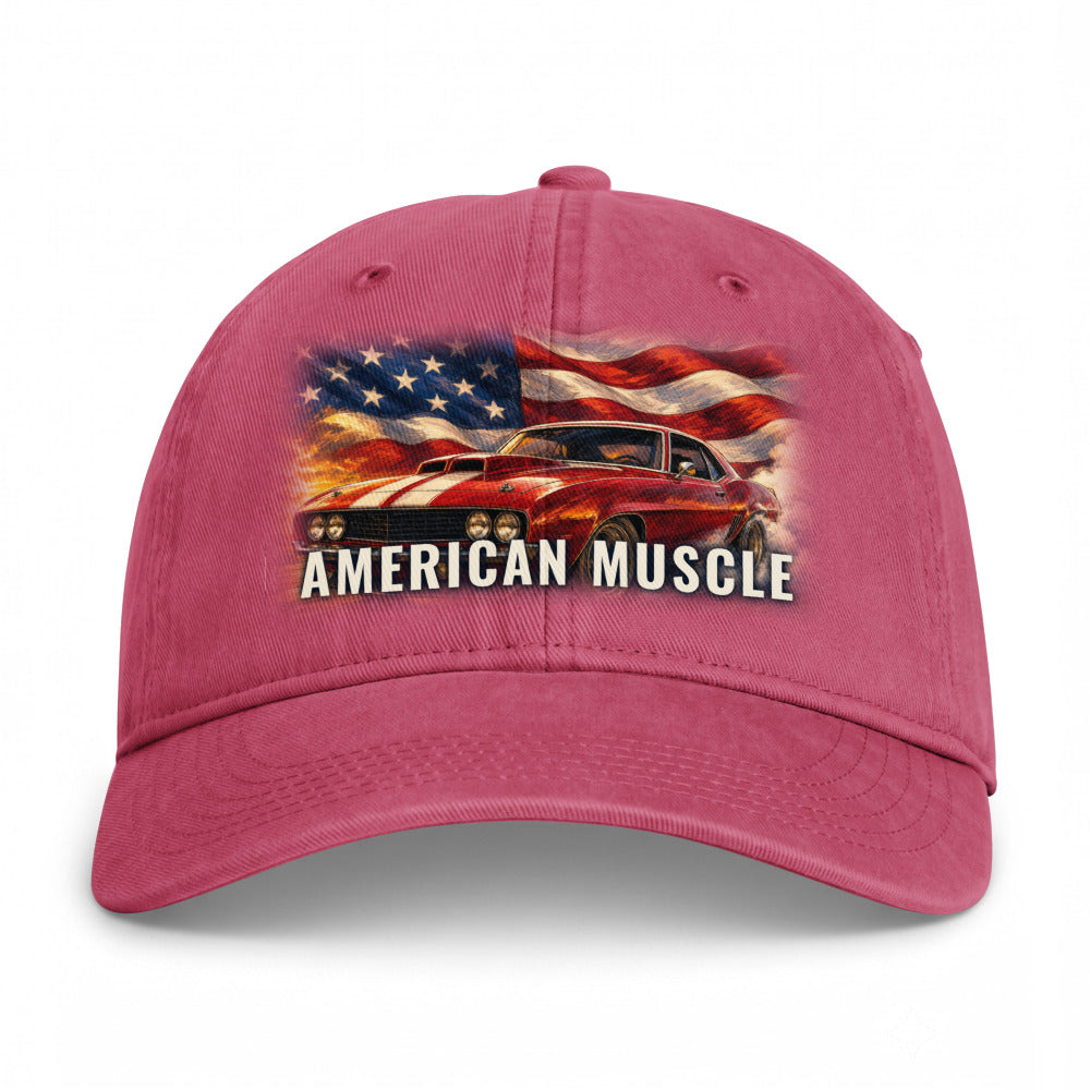 American Muscle on a Crimson Closed-Back Washed Cap - coastal washed closed-back cap, direct-to-film print - Freedom Advocates Florida Official, LLC