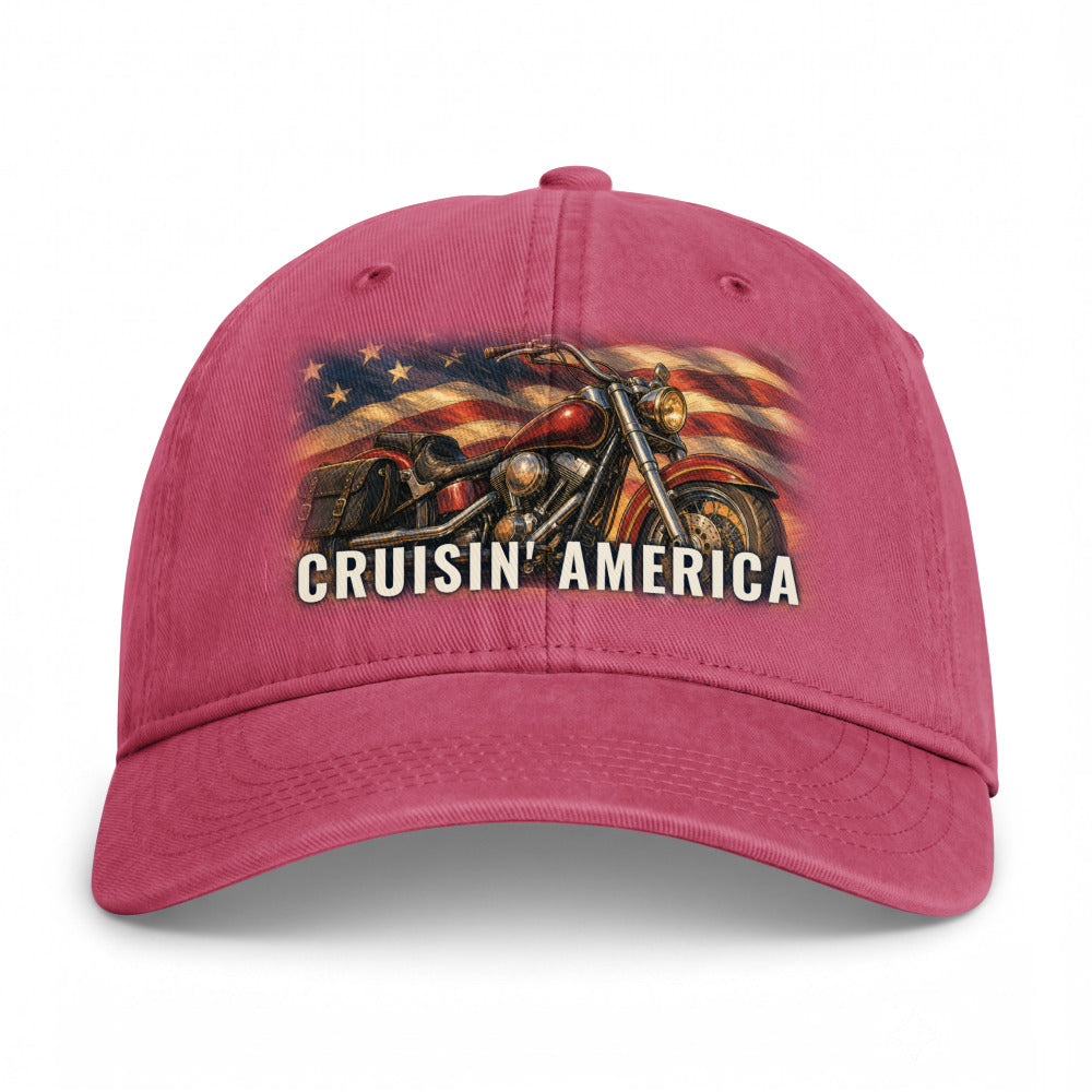 Cruisin' America on a Crimson Closed-Back Washed Cap - coastal washed closed-back cap, direct-to-film print - Freedom Advocates Florida Official, LLC