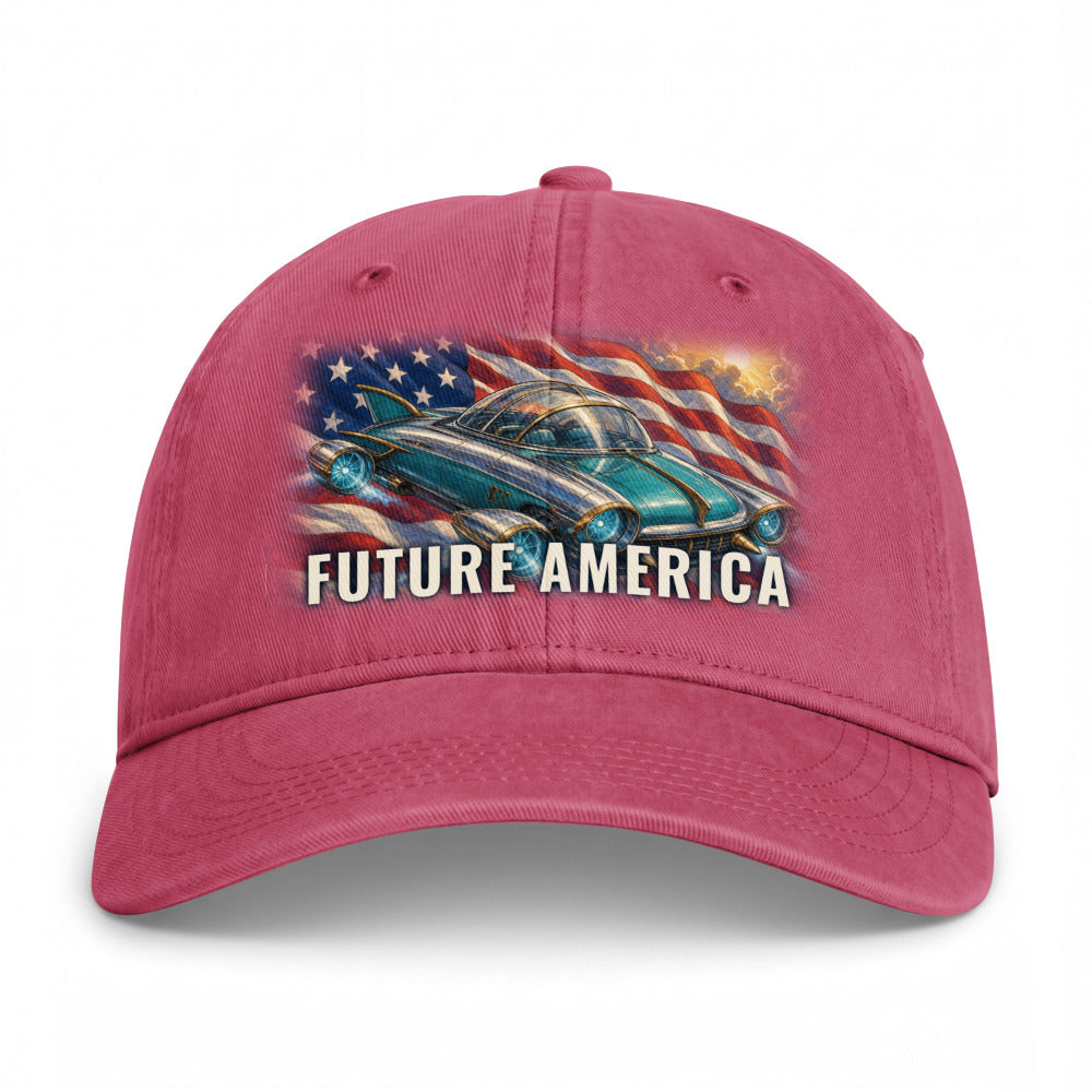 Future America on a Crimson Closed-Back Washed Cap - coastal washed closed-back cap, direct-to-film print - Freedom Advocates Florida Official, LLC