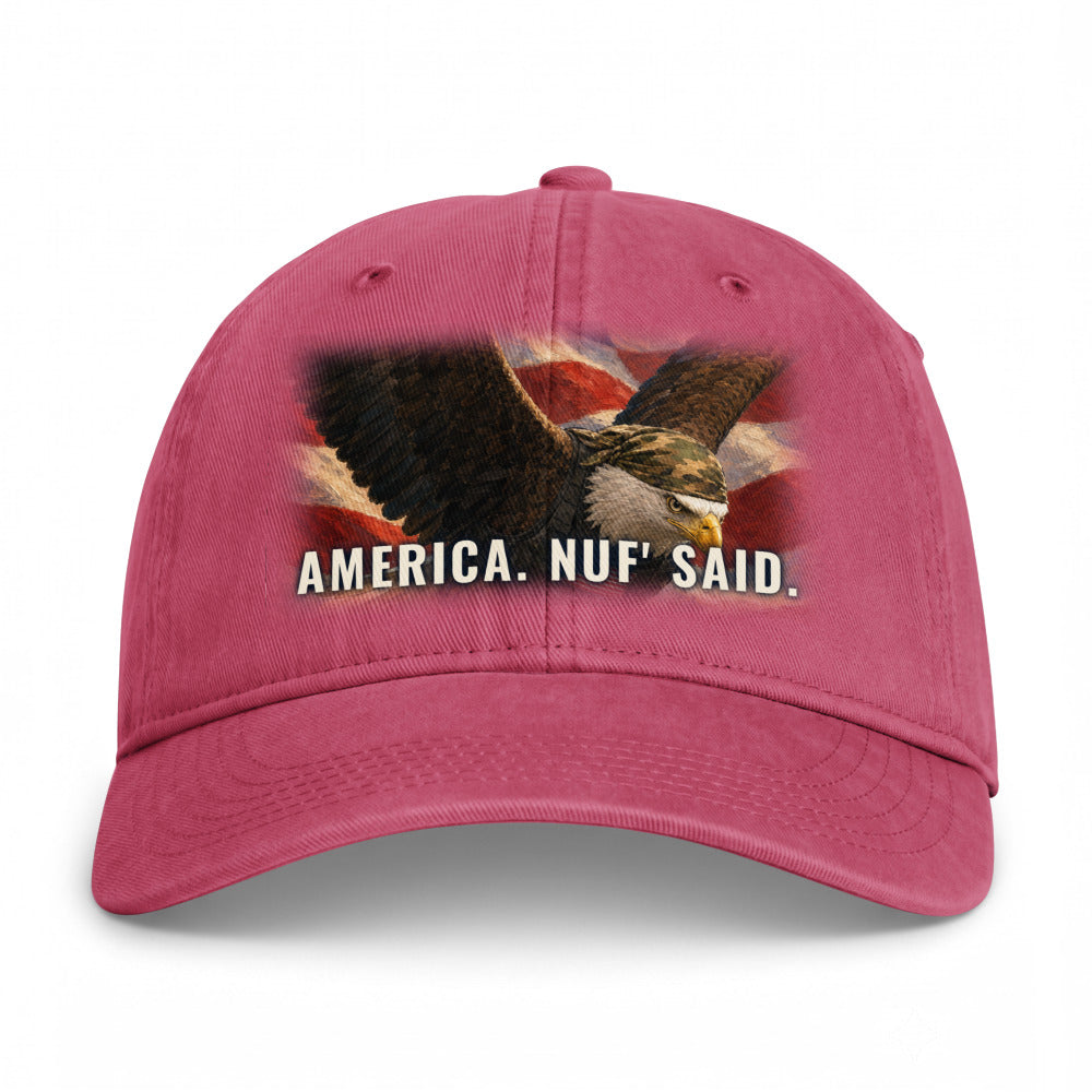 America, Nuf' Said on a Crimson Closed-Back Washed Cap - coastal washed closed-back cap, direct-to-film print - Freedom Advocates Florida Official, LLC