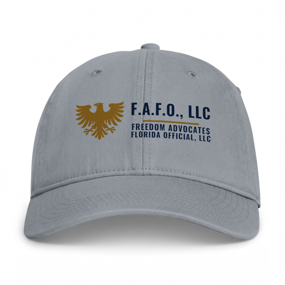 F.A.F.O. Crest on a Granite Closed-Back Washed Cap - coastal washed closed-back cap, direct-to-film print - Freedom Advocates Florida Official, LLC