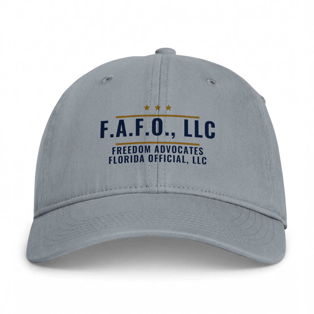F.A.F.O. Badge on a Granite Closed-Back Washed Cap - coastal washed closed-back cap, direct-to-film print - Freedom Advocates Florida Official, LLC