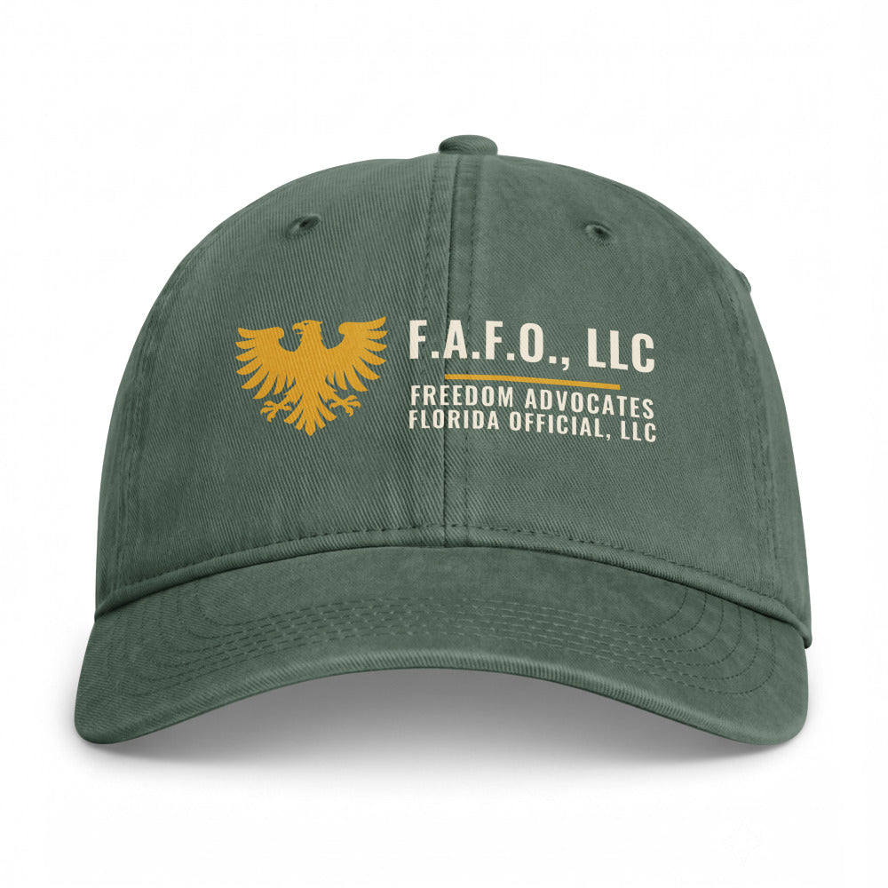 F.A.F.O. Crest on a Moss Closed-Back Washed Cap - coastal washed closed-back cap, direct-to-film print - Freedom Advocates Florida Official, LLC