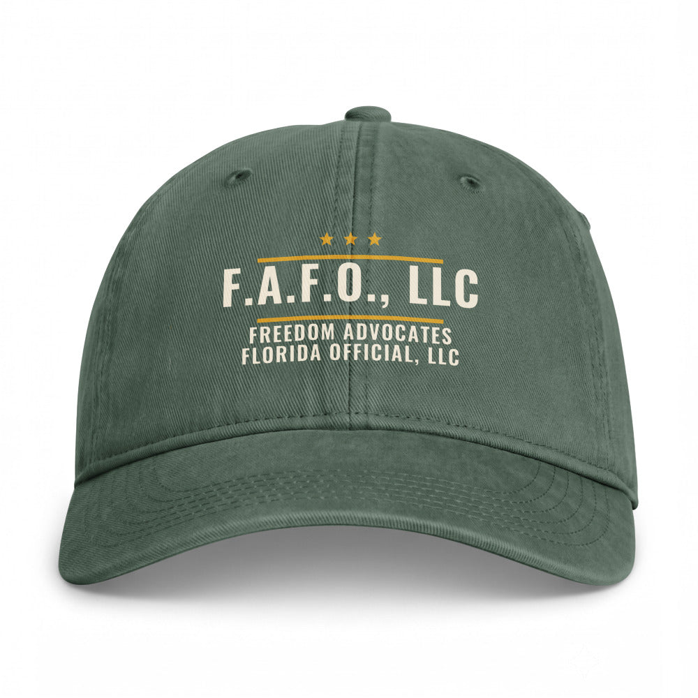 F.A.F.O. Badge on a Moss Closed-Back Washed Cap - coastal washed closed-back cap, direct-to-film print - Freedom Advocates Florida Official, LLC