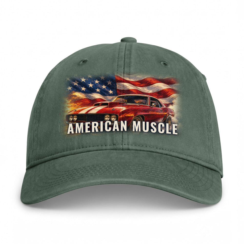 American Muscle on a Moss Closed-Back Washed Cap - coastal washed closed-back cap, direct-to-film print - Freedom Advocates Florida Official, LLC