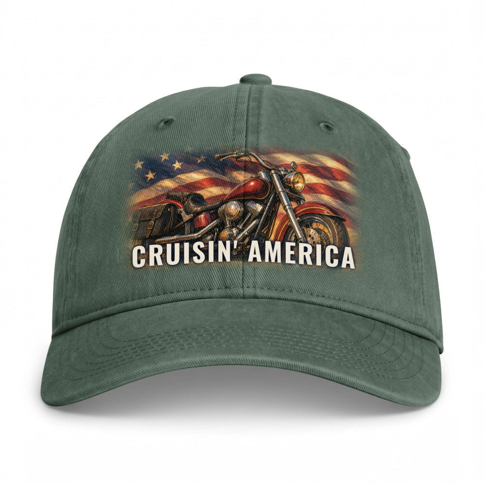 Cruisin' America on a Moss Closed-Back Washed Cap - coastal washed closed-back cap, direct-to-film print - Freedom Advocates Florida Official, LLC