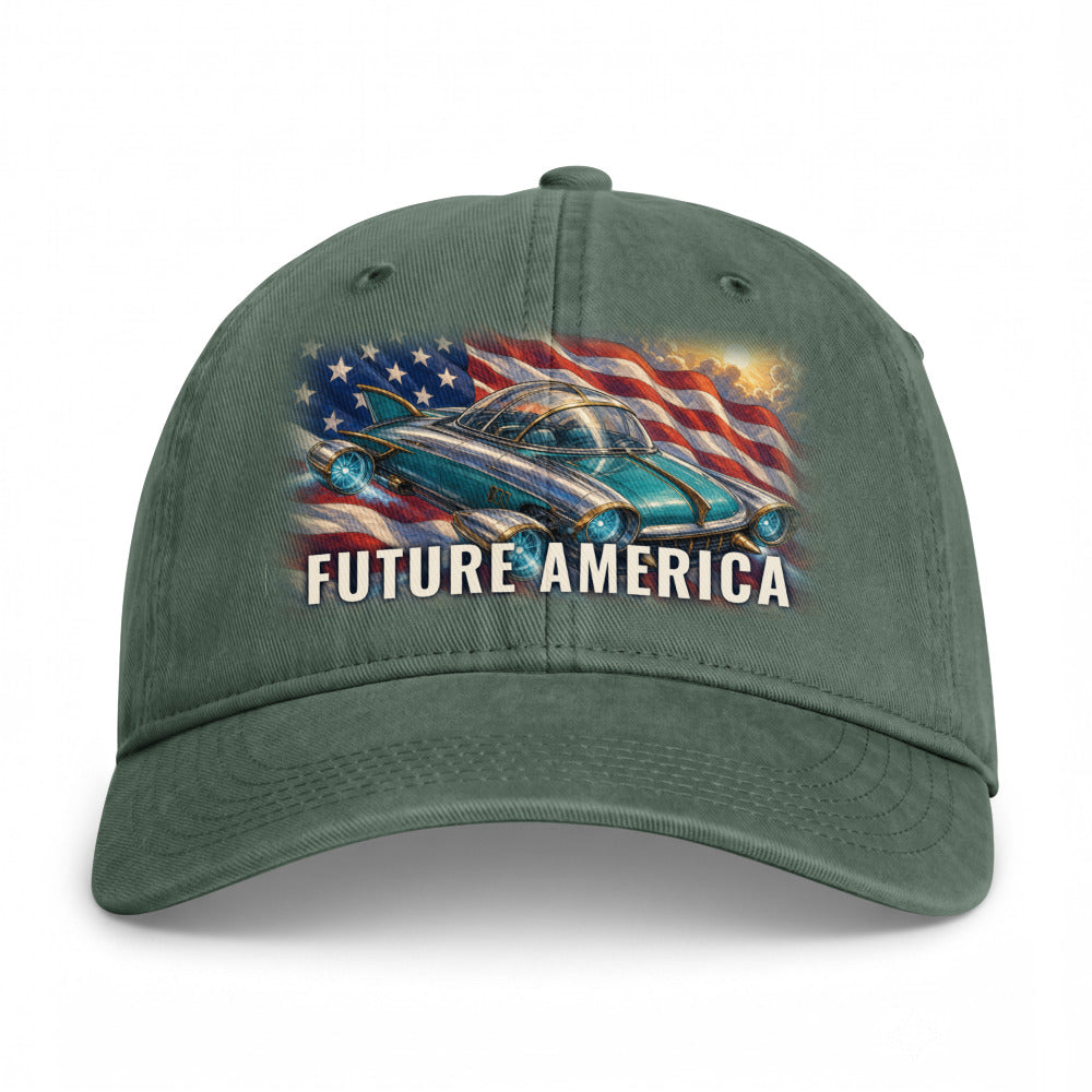 Future America on a Moss Closed-Back Washed Cap - coastal washed closed-back cap, direct-to-film print - Freedom Advocates Florida Official, LLC
