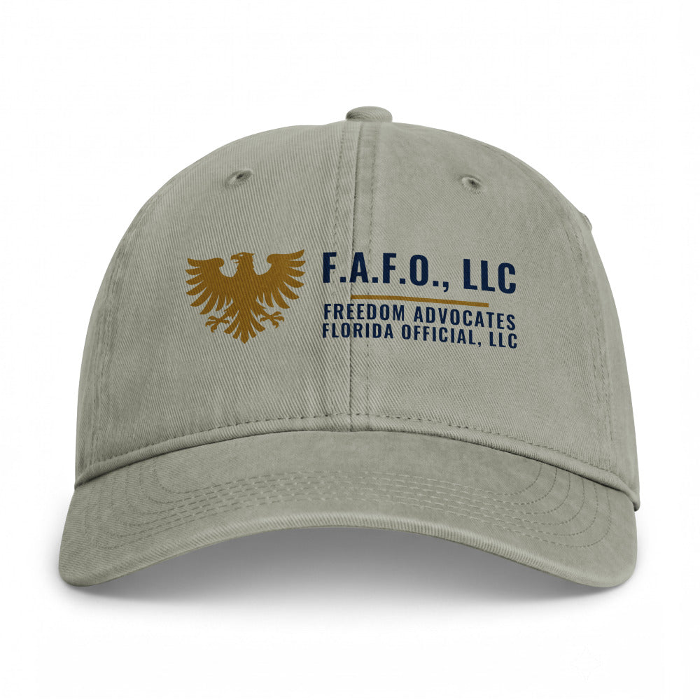F.A.F.O. Crest on a Sandstone Closed-Back Washed Cap - coastal washed closed-back cap, direct-to-film print - Freedom Advocates Florida Official, LLC