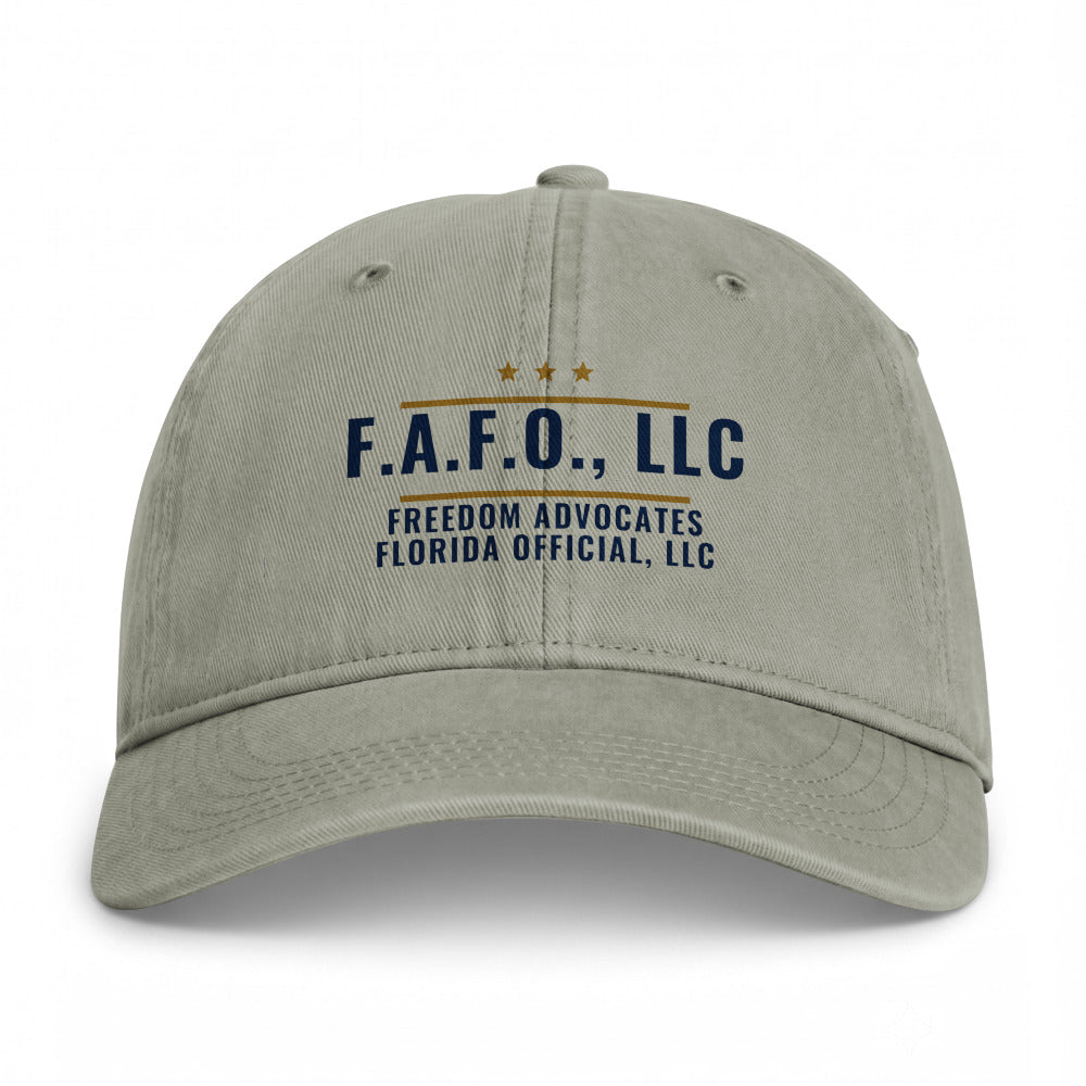 F.A.F.O. Badge on a Sandstone Closed-Back Washed Cap - coastal washed closed-back cap, direct-to-film print - Freedom Advocates Florida Official, LLC