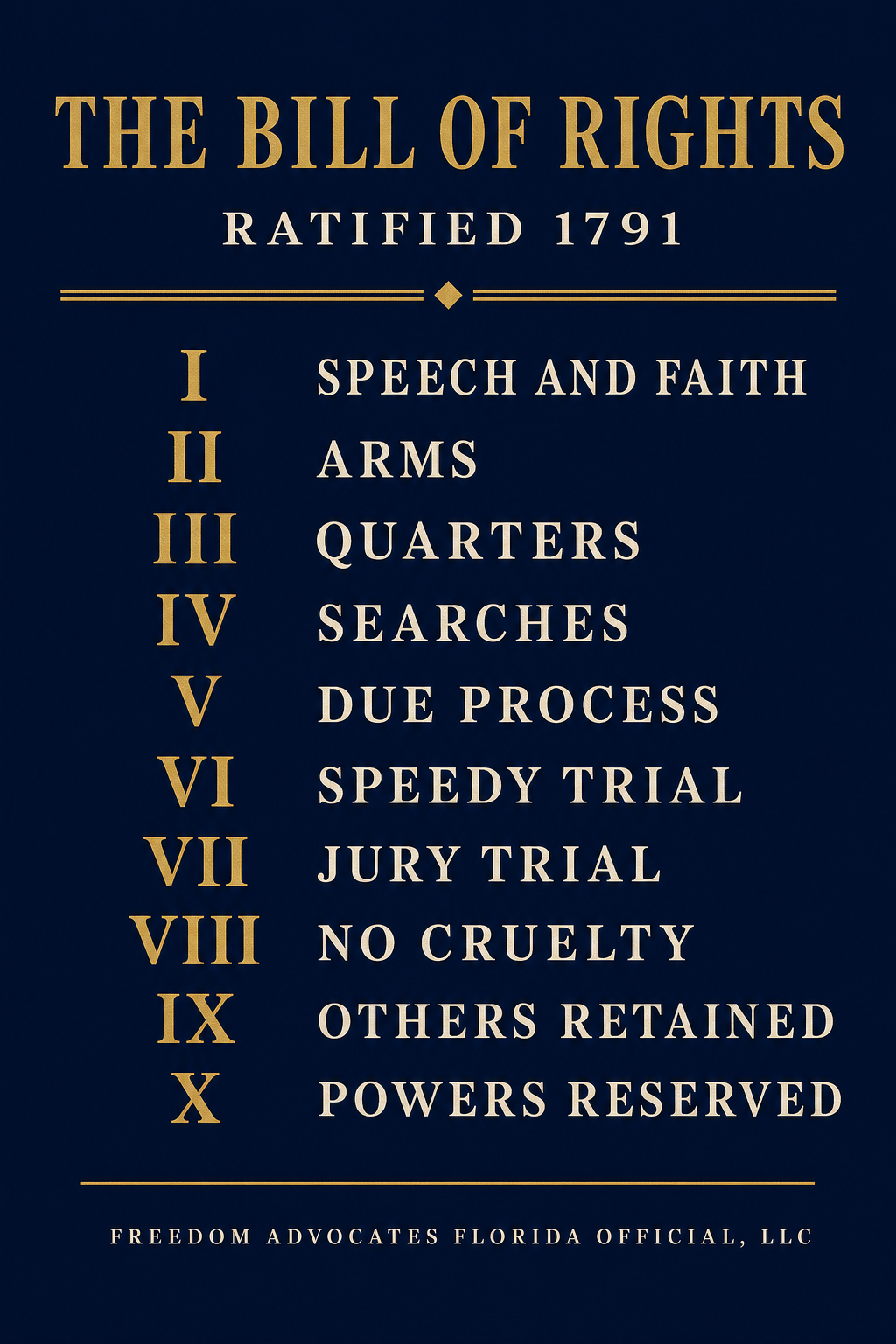 The Bill of Rights 1791, ten amendments numbered in engraved gold - Freedom Advocates Florida Official, LLC
