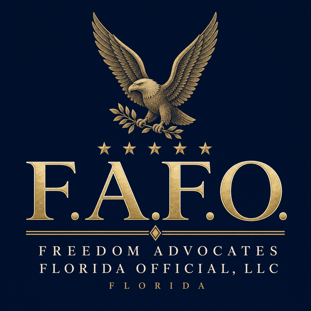 F.A.F.O. Crest, original heraldic eagle in navy and antique gold - Freedom Advocates Florida Official, LLC