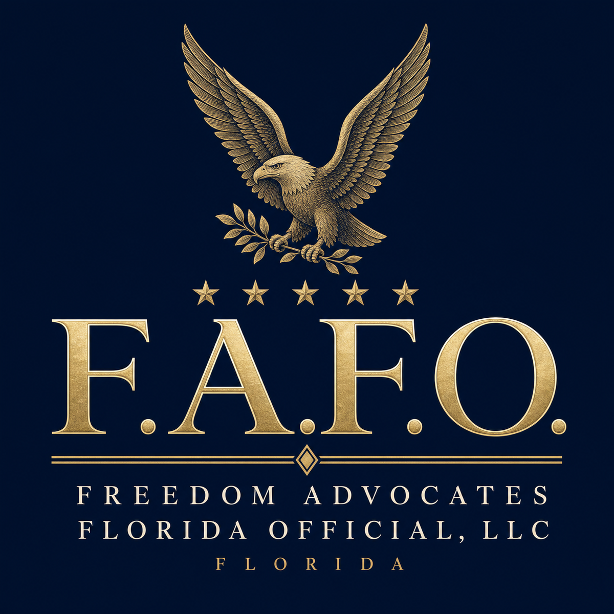 F.A.F.O. Crest, original heraldic eagle in navy and antique gold - Freedom Advocates Florida Official, LLC