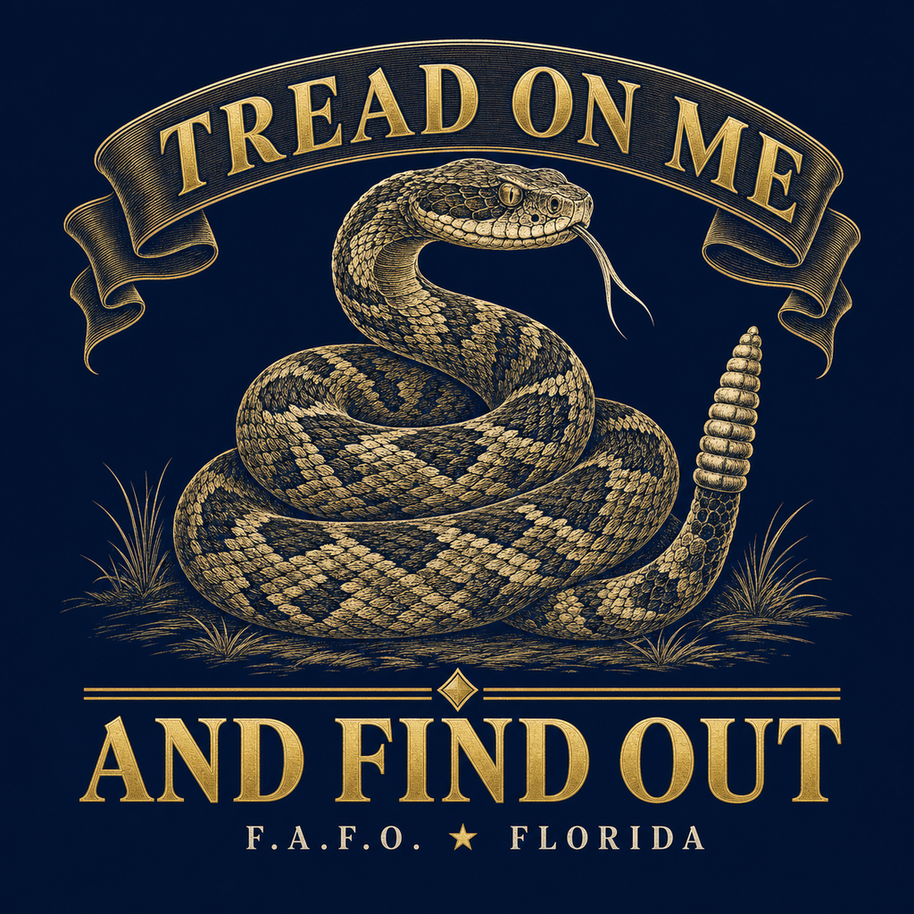 Tread On Me And Find Out, engraved parody of the 1775 Gadsden snake - Freedom Advocates Florida Official, LLC