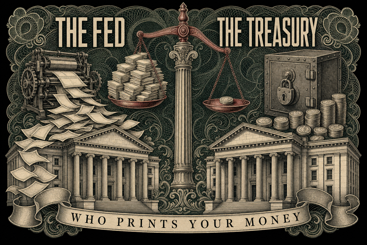 The Fed vs The Treasury, original allegorical engraving, no government seal used - Freedom Advocates Florida Official, LLC