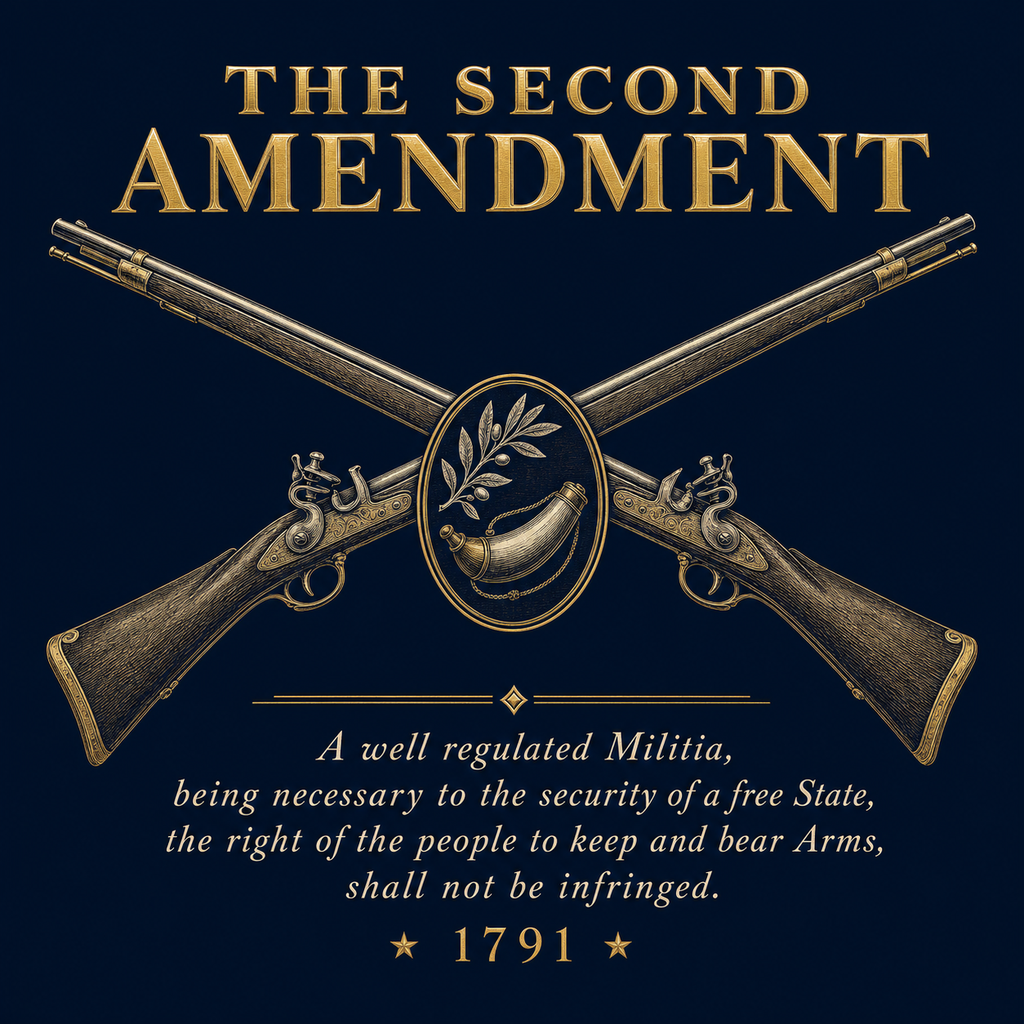 The Second Amendment 1791, engraved text beneath period flintlock muskets - Freedom Advocates Florida Official, LLC