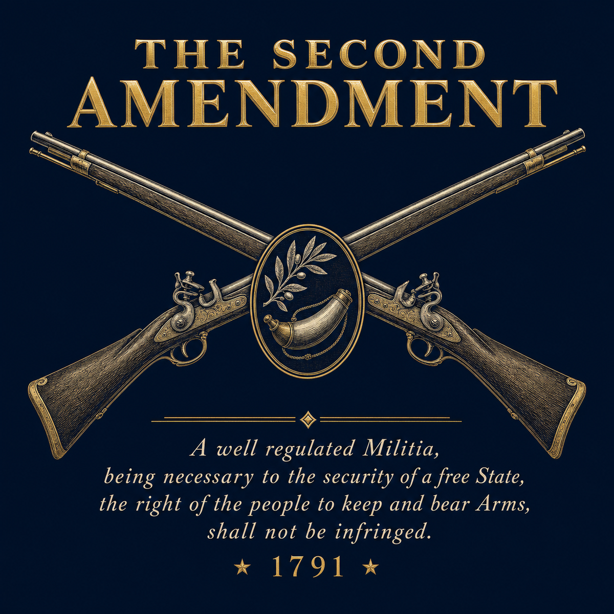 The Second Amendment 1791, engraved text beneath period flintlock muskets - Freedom Advocates Florida Official, LLC