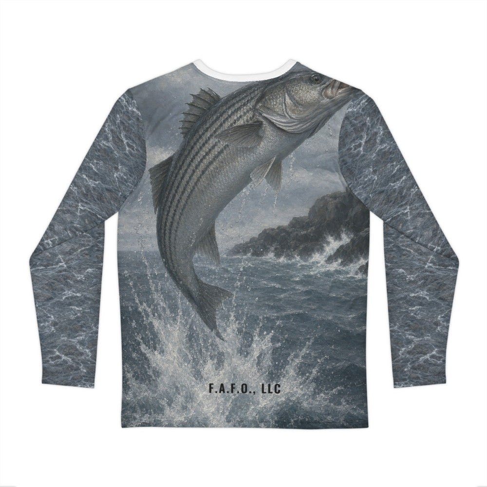 Atlantic Northeast all-over fishing shirt, real Printful back mockup, Striped bass - Freedom Advocates Florida Official, LLC