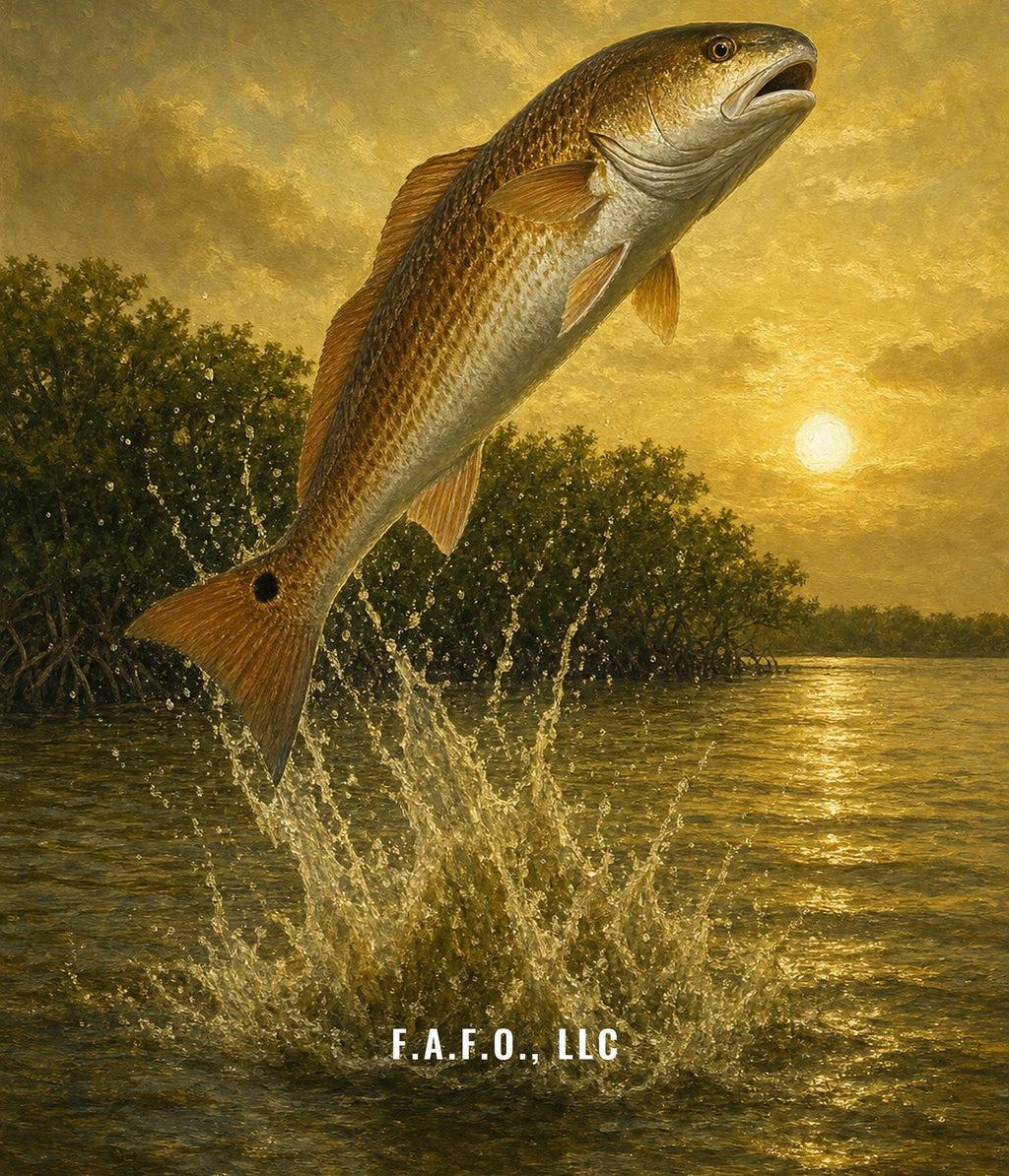 Florida Inshore all-over fishing shirt back panel, Red drum (redfish) - Freedom Advocates Florida Official, LLC