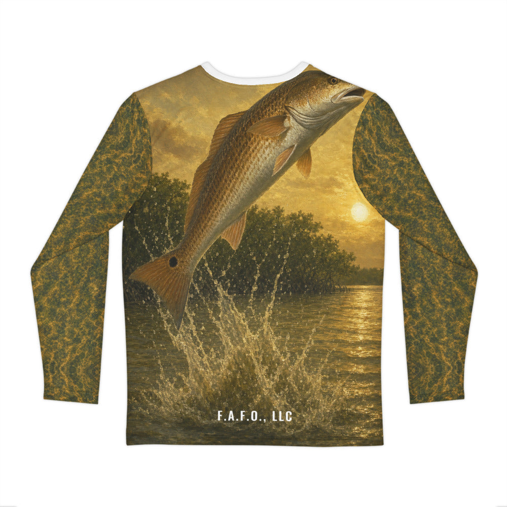 Florida Inshore all-over fishing shirt, real Printful back mockup, Red drum (redfish) - Freedom Advocates Florida Official, LLC