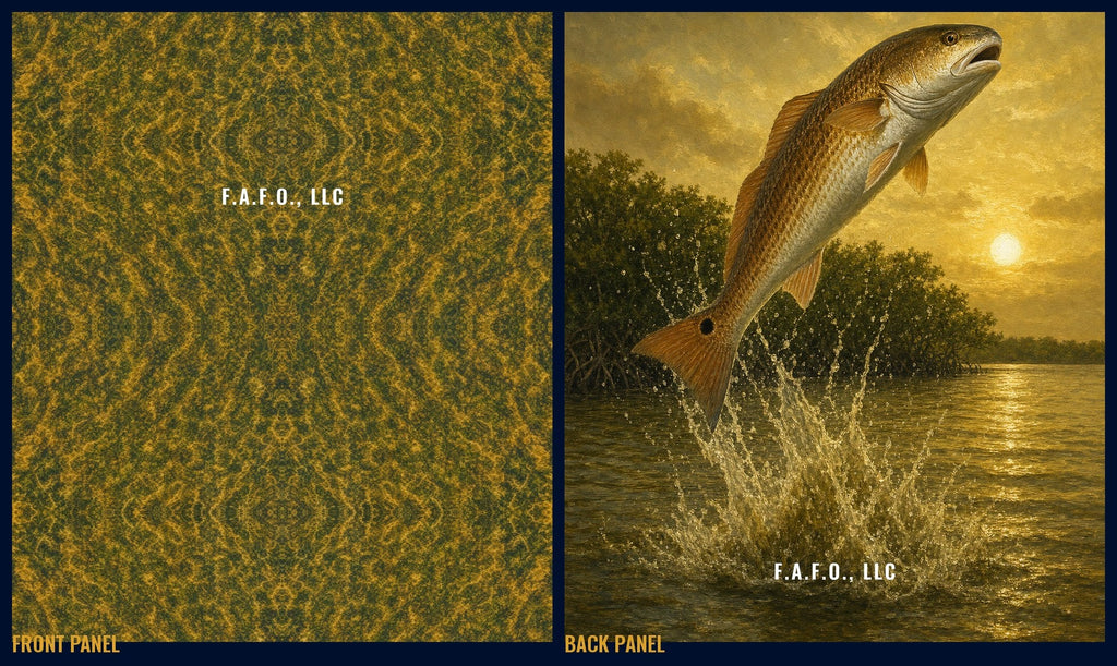 Florida Inshore all-over fishing shirt, front and back panels, Red drum (redfish) - Freedom Advocates Florida Official, LLC