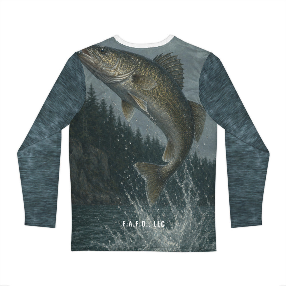 Great Lakes all-over fishing shirt, real Printful back mockup, Walleye - Freedom Advocates Florida Official, LLC