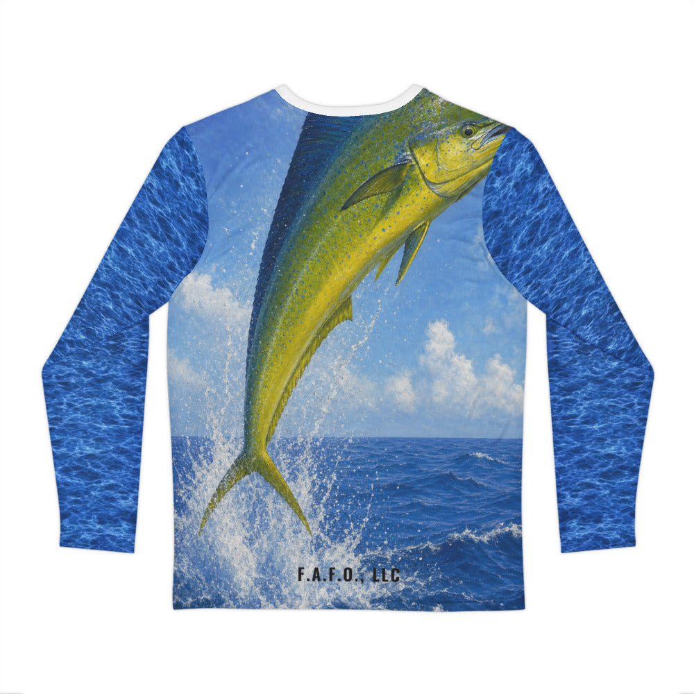 Gulf Offshore all-over fishing shirt, real Printful back mockup, Mahi-mahi / dolphinfish - Freedom Advocates Florida Official, LLC
