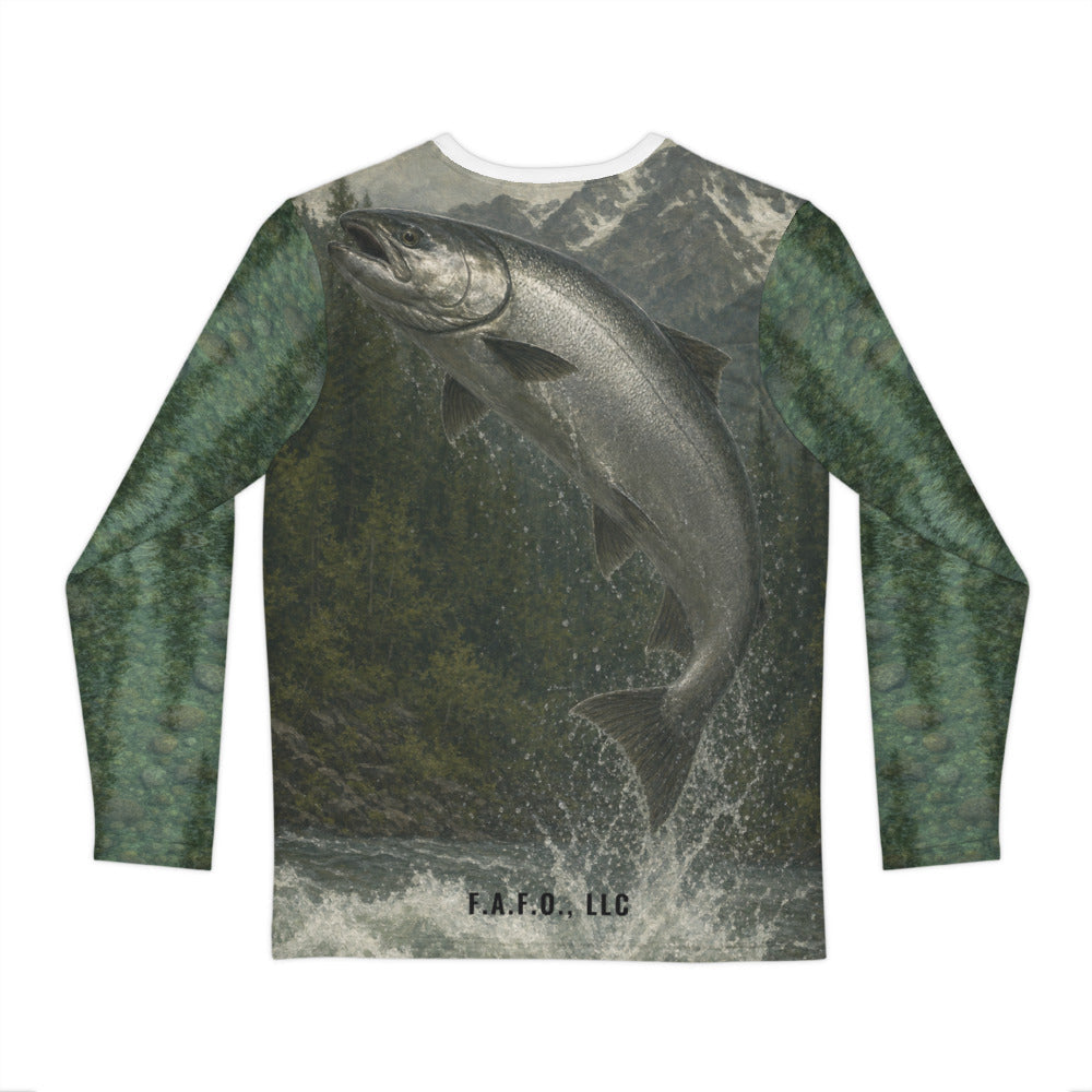 Pacific Northwest all-over fishing shirt, real Printful back mockup, Chinook salmon - Freedom Advocates Florida Official, LLC