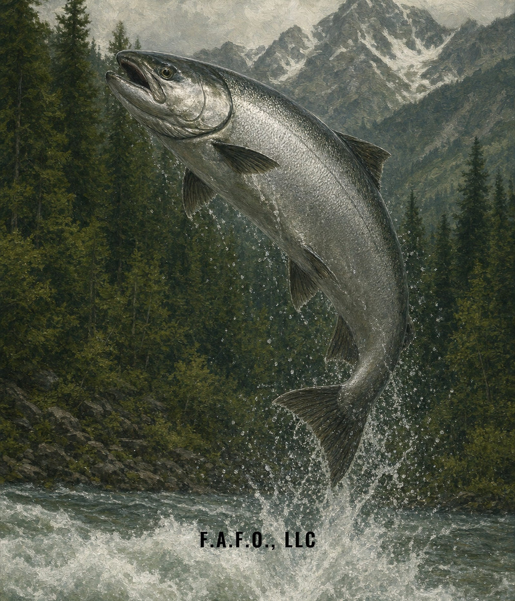 Pacific Northwest all-over fishing shirt back panel, Chinook salmon - Freedom Advocates Florida Official, LLC
