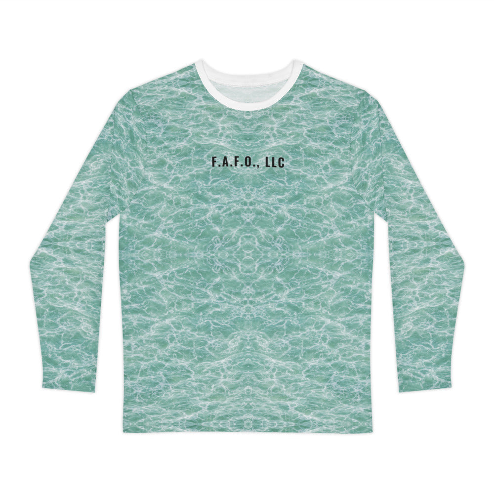 Plain Seafoam all-over fishing shirt, real Printful front mockup, pattern only - Freedom Advocates Florida Official, LLC