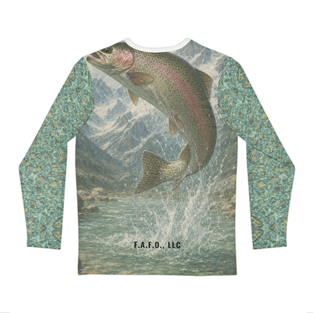 Rocky Mountain all-over fishing shirt, real Printful back mockup, Rainbow trout - Freedom Advocates Florida Official, LLC