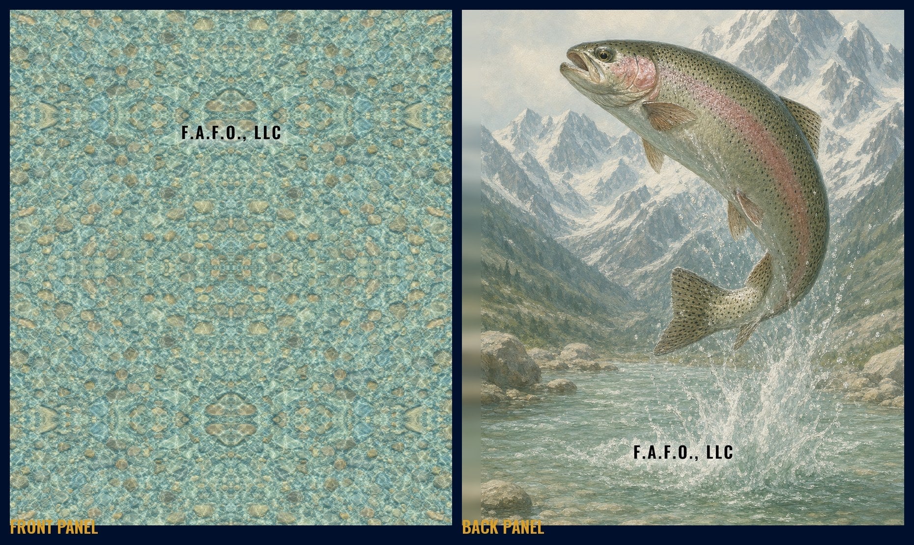 rocky-mountain front and back panels, company name with soft drop shadow