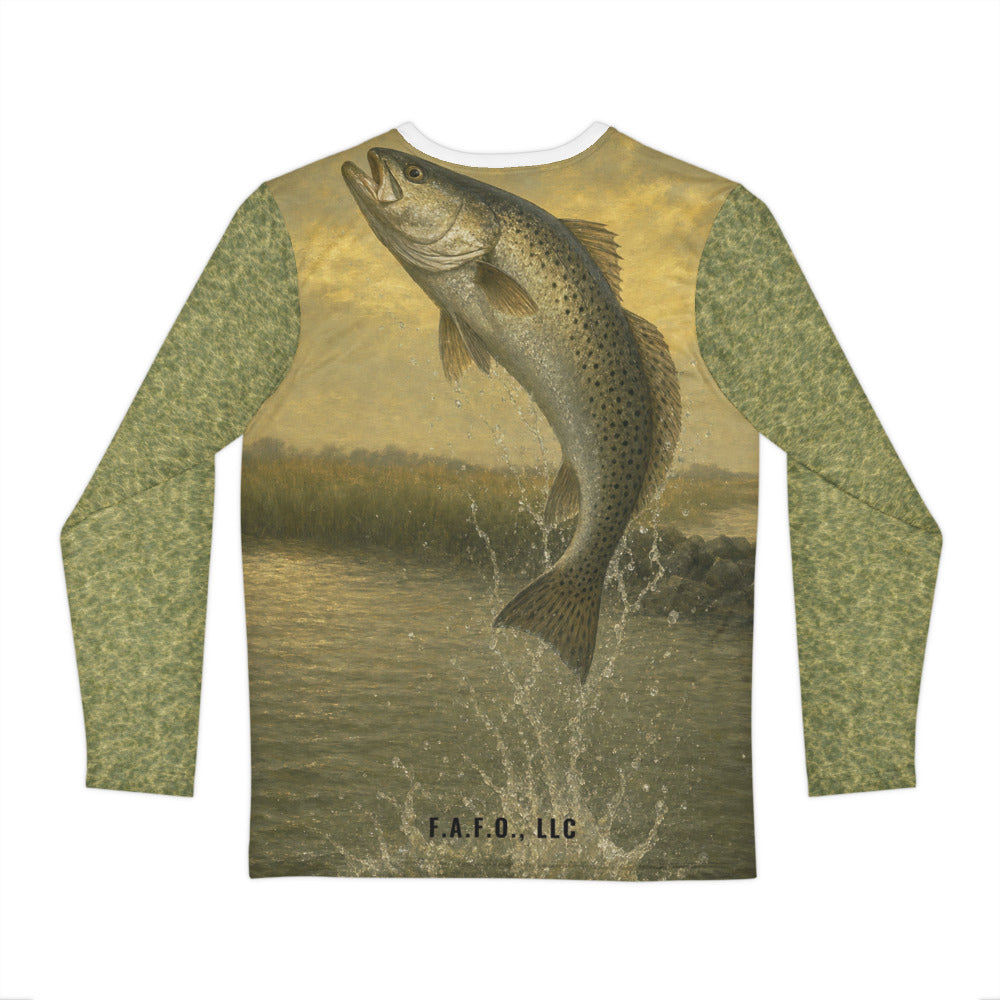 Texas Gulf all-over fishing shirt, real Printful back mockup, Spotted seatrout - Freedom Advocates Florida Official, LLC